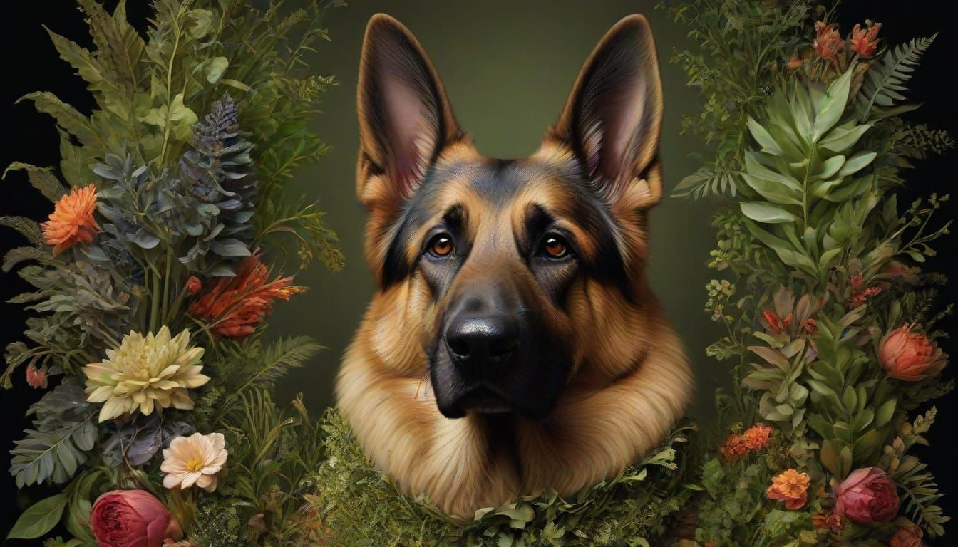 Botanical German Shepherd in Renaissance Style