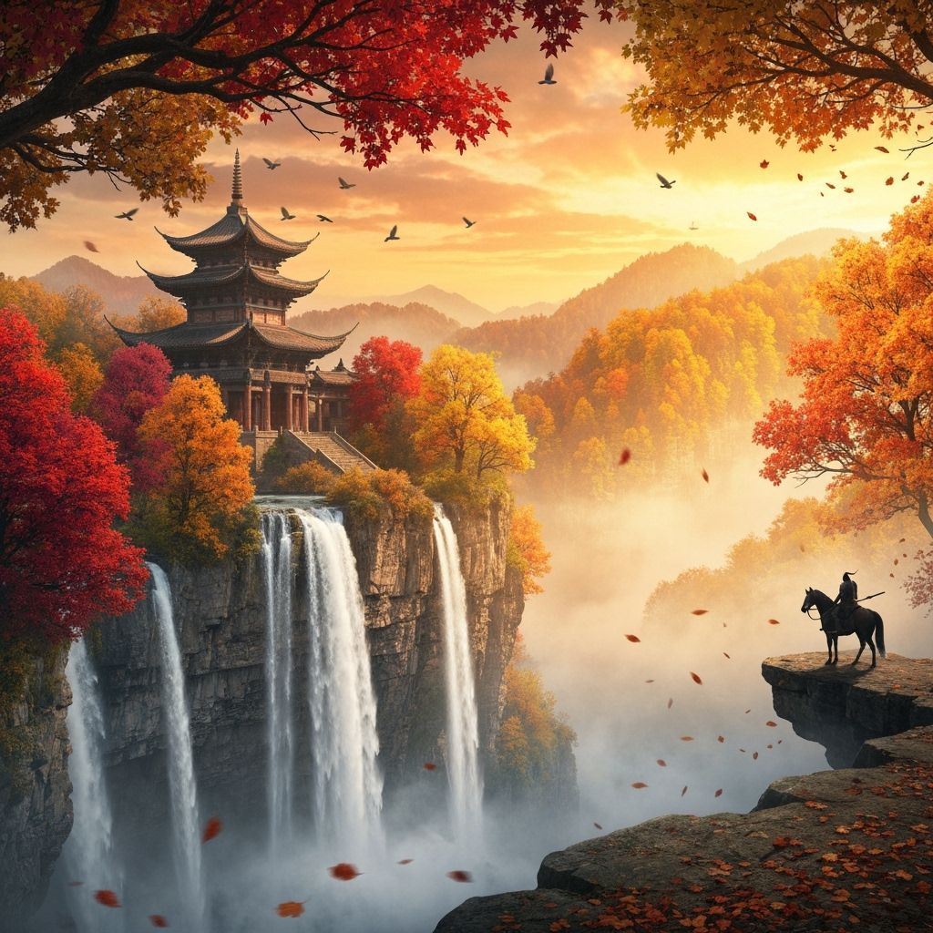 Autumn Temple Fantasy Landscape with Warrior on Horseback
