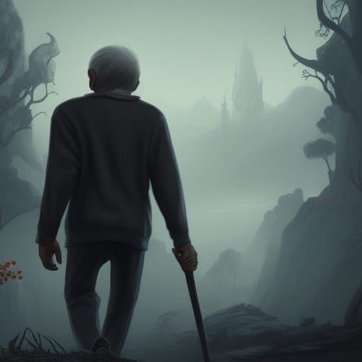 Old Man Walks at Night: Detailed Matte Painting