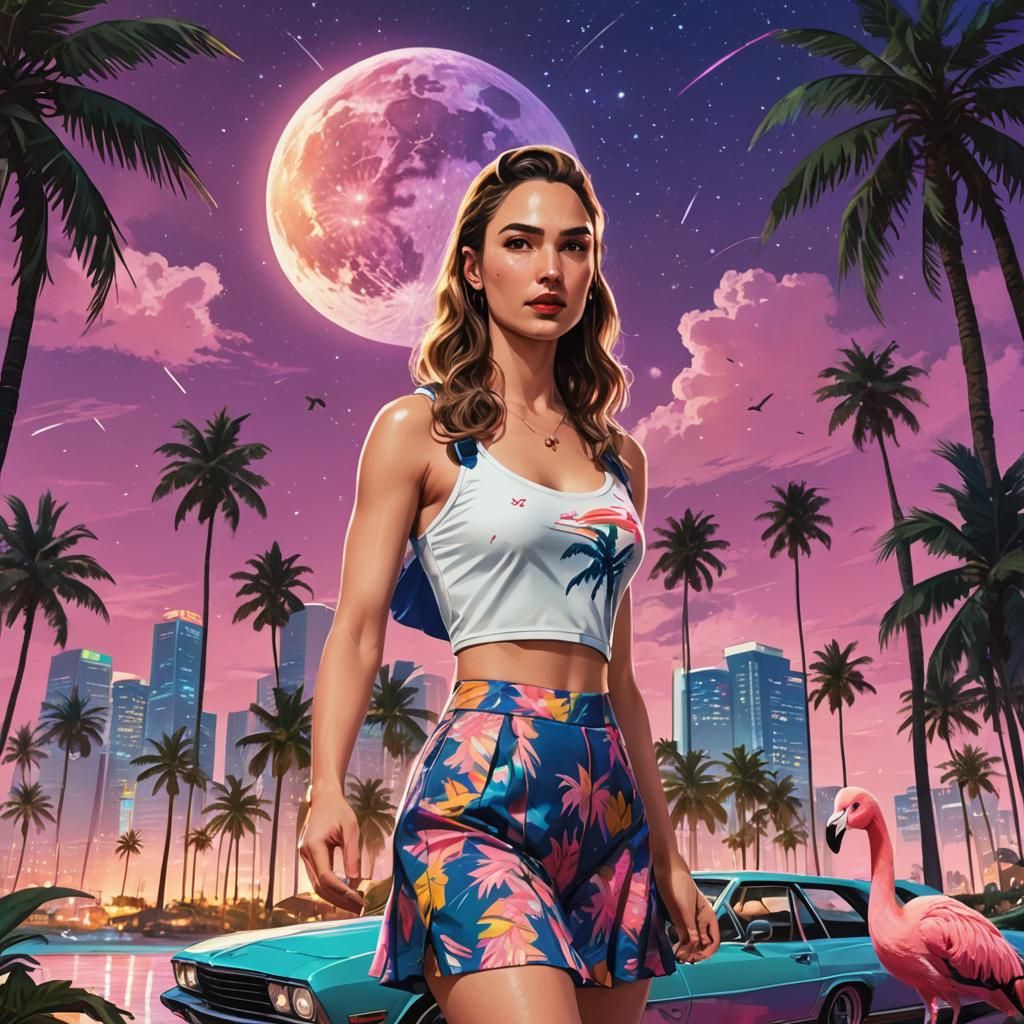 Retro Wave Gal Gadot with Galaxy Tank Top