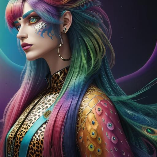 Woman with Dragon Scales and Peacock Hair