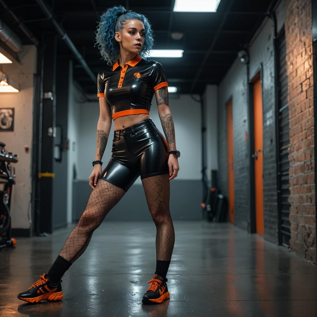 Athletic Woman in Latex Outfit, Hyper-Realistic Nightlife Sh...