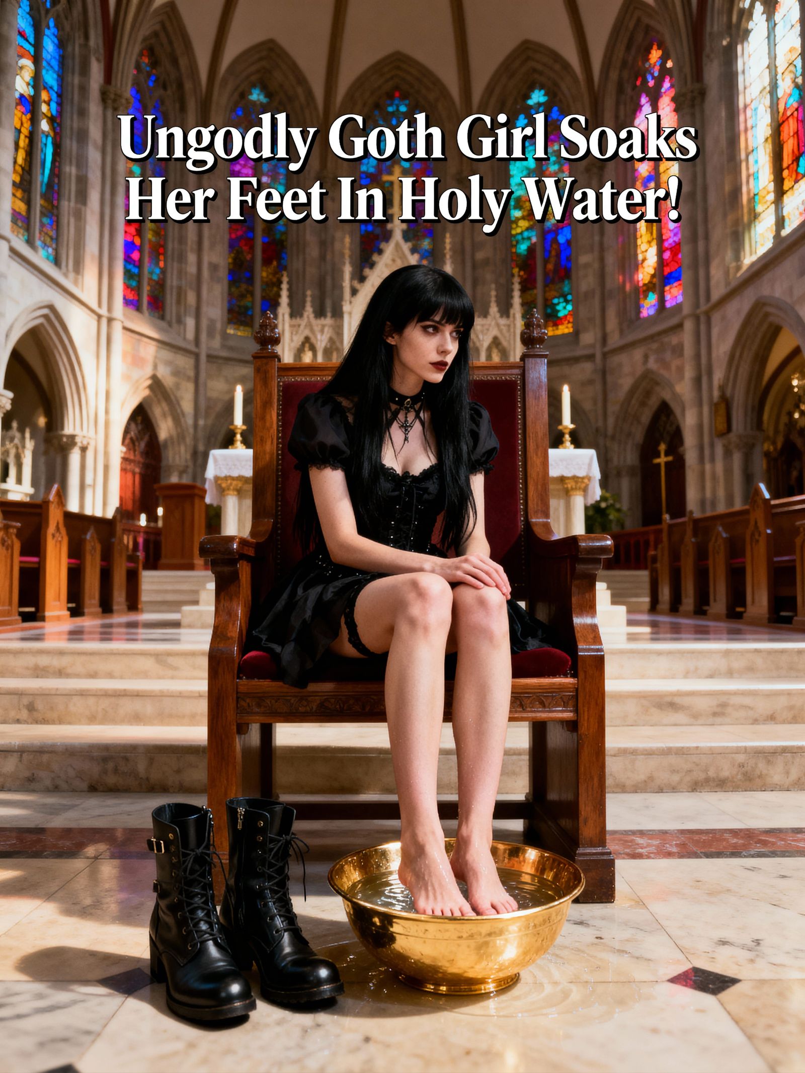 Goth Girl Soaking Feet In Holy Water On Church Altar