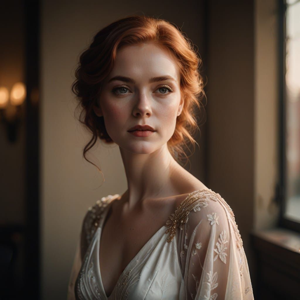 Elegant Woman in White Gown: Film Noir Portrait