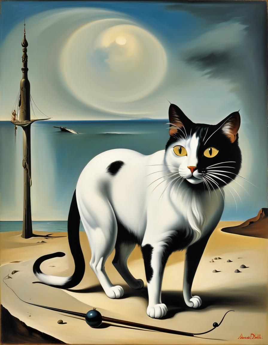 Surreal Black and White Cat Painting