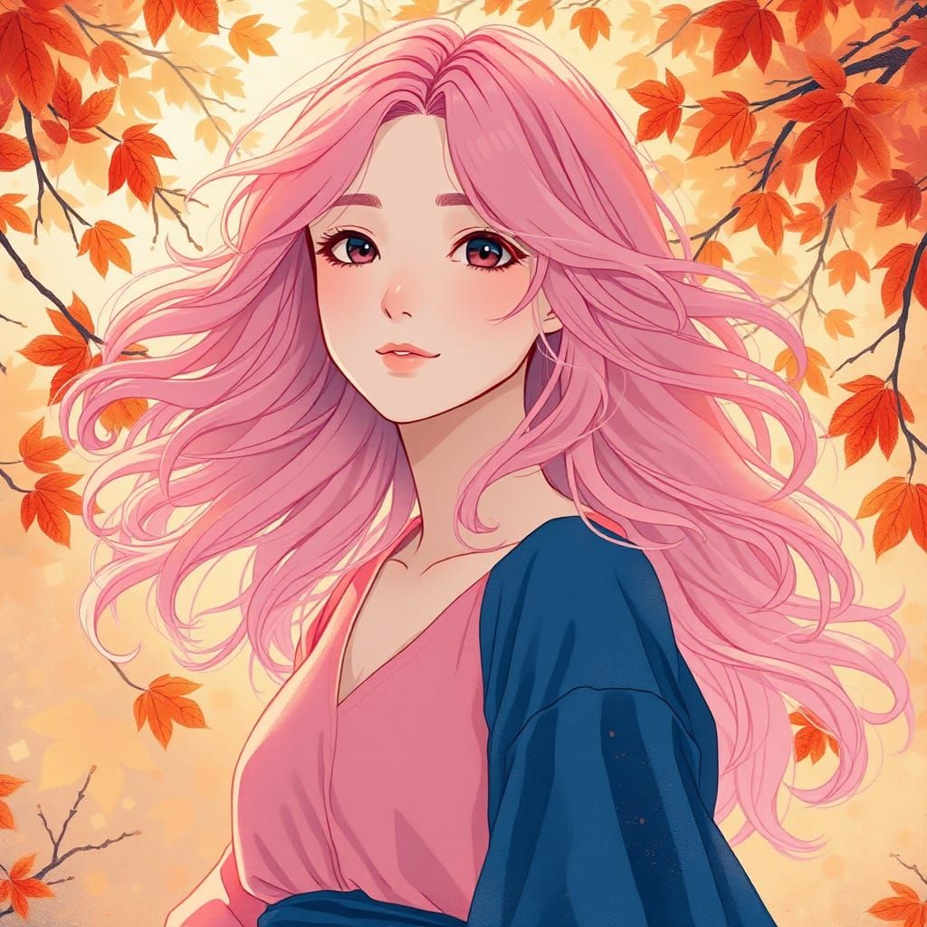 Anime Woman with Autumn Hair in Watercolor Landscape