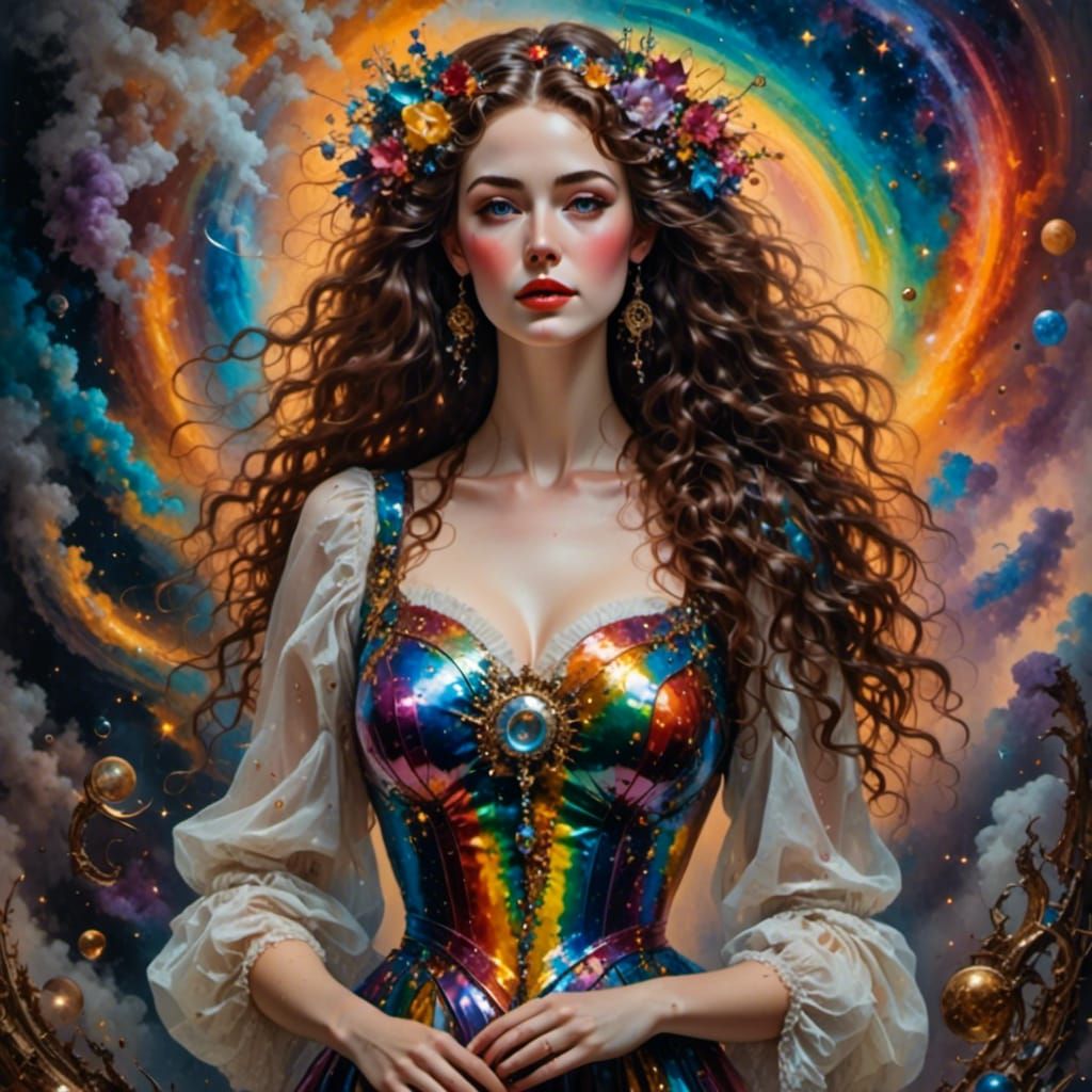 Brunette in Rainbow Dress: Surreal Oil Painting