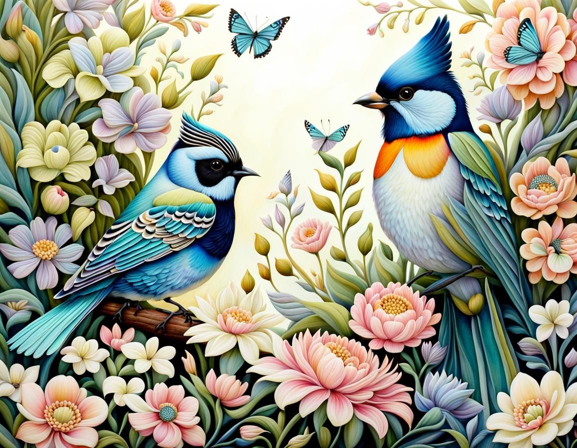 Pastel Flower Garden with Bird and Butterflies