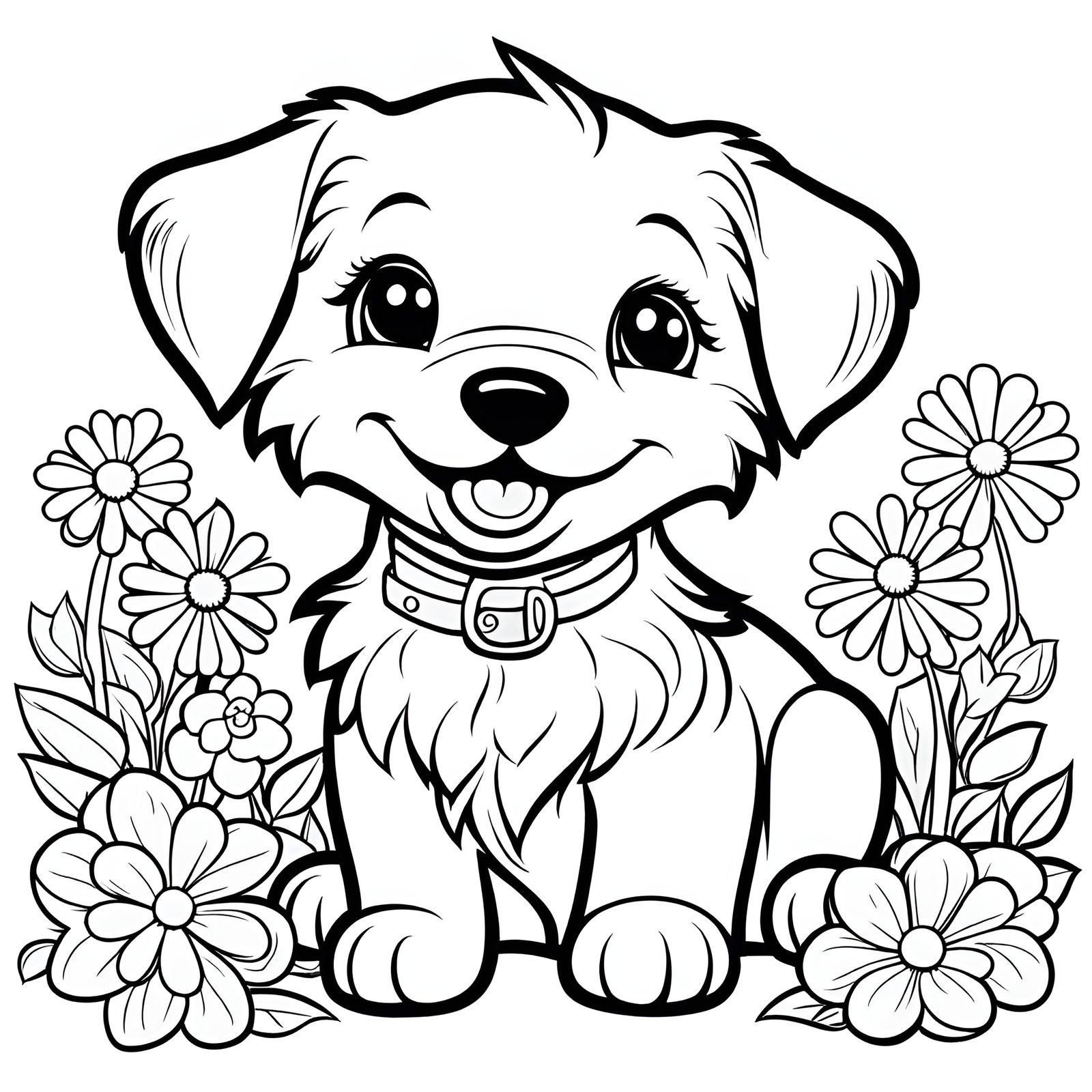 Cute Puppy Coloring Book Page with Flowers