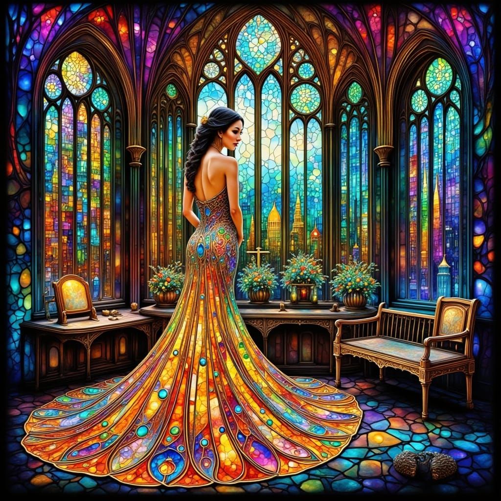 Elegant Woman in Cathedral Train Wedding Dress, Stained Glas...