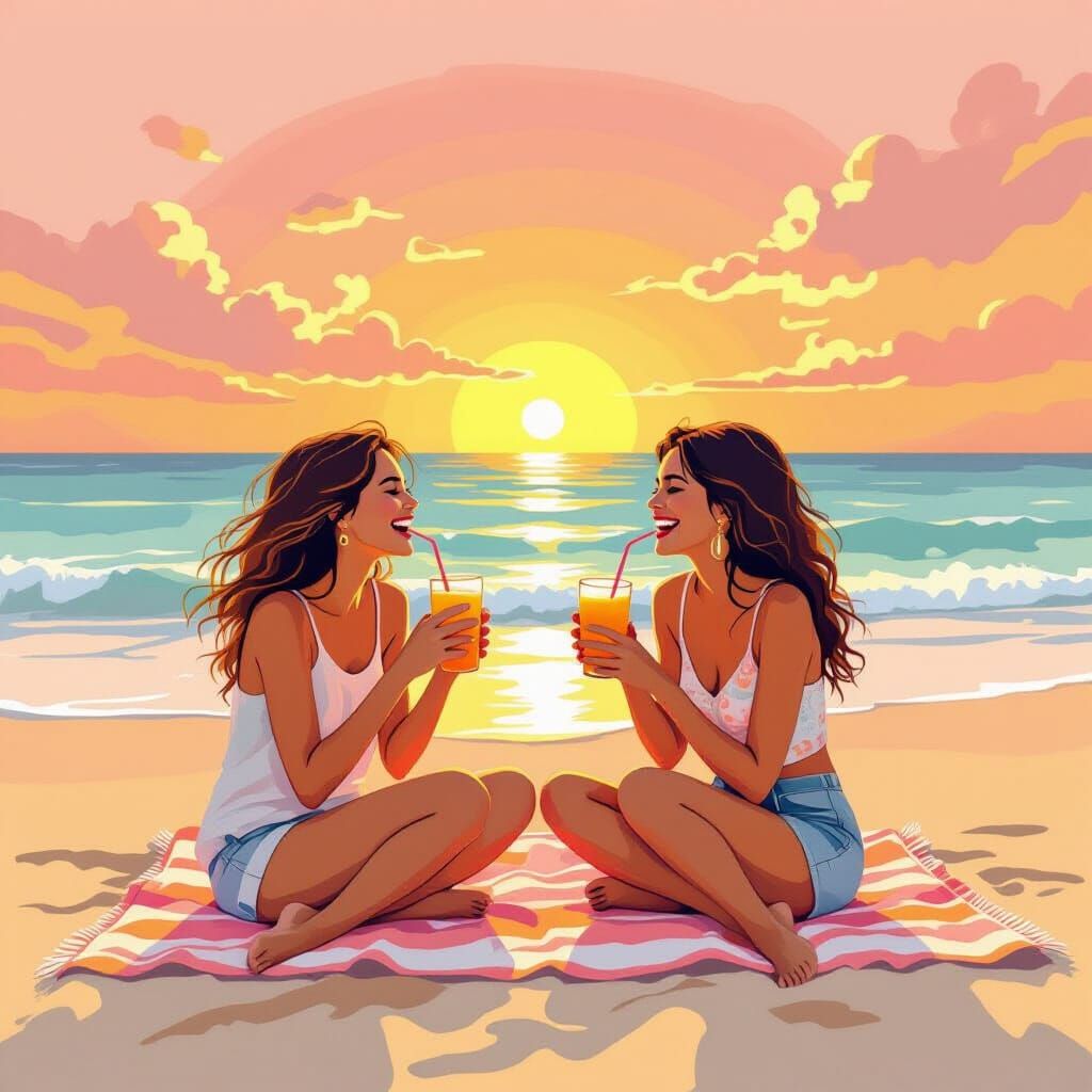 Friends Laughing on Beach at Sunset in Pastel Style
