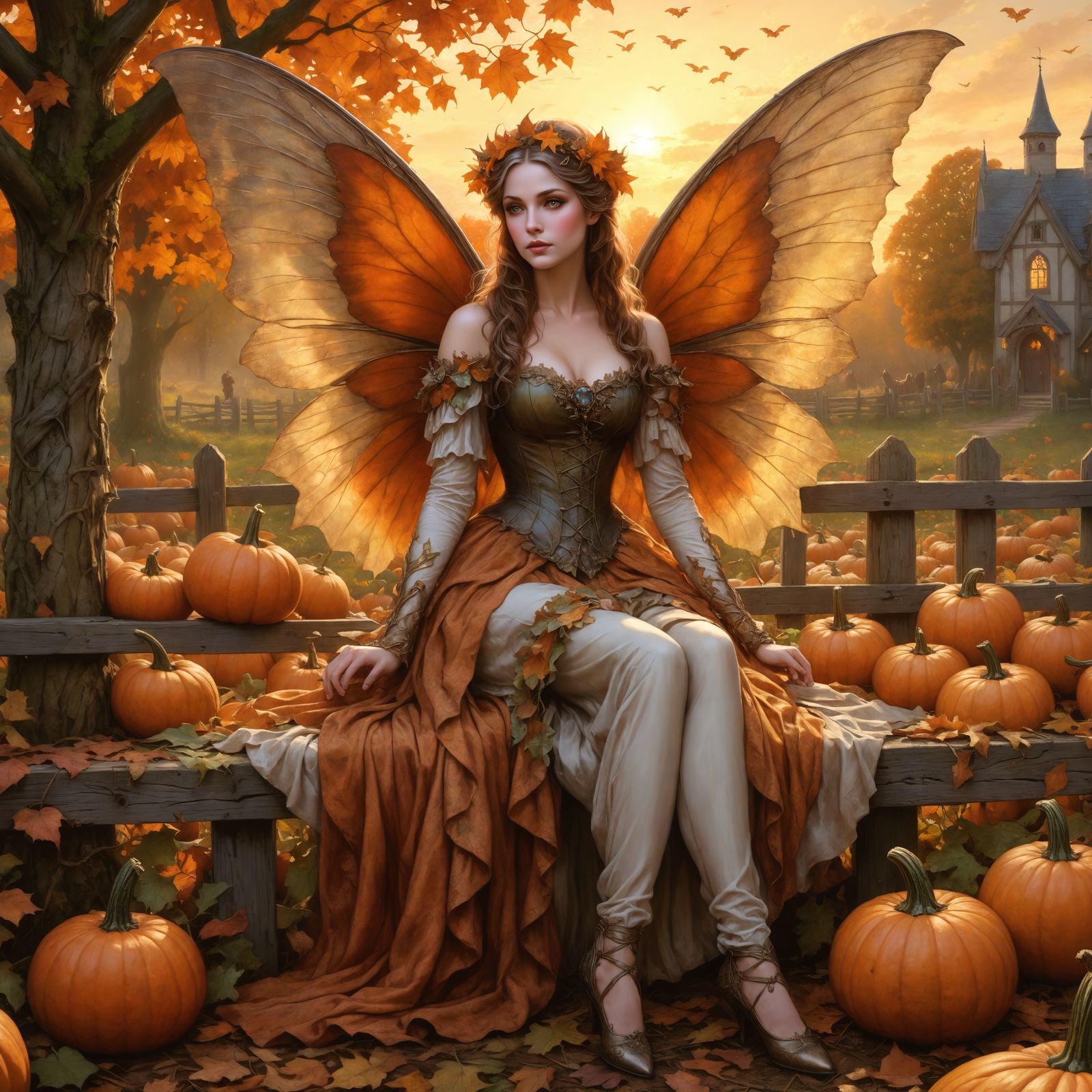 Victorian Autumn Fairy in Pumpkin Patch