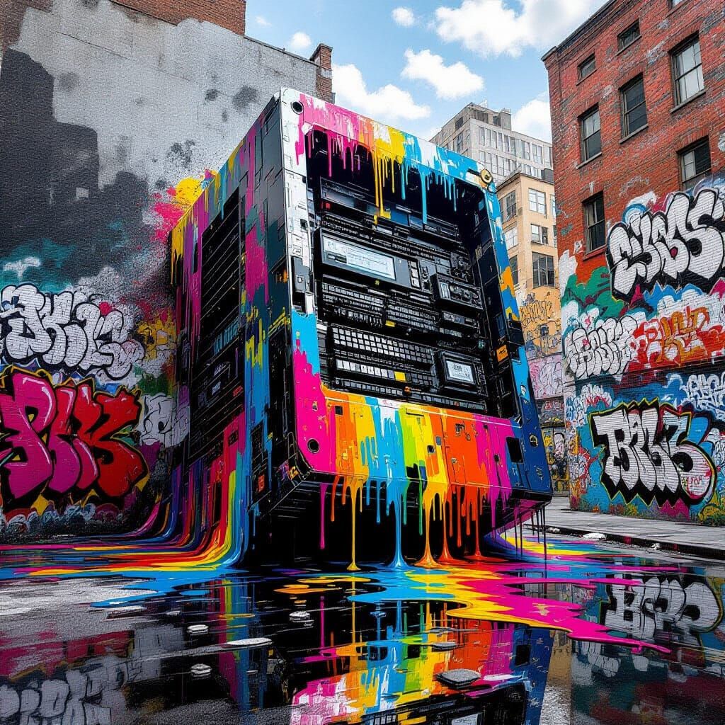 Melting Computer Amid Graffiti in Street Art Style