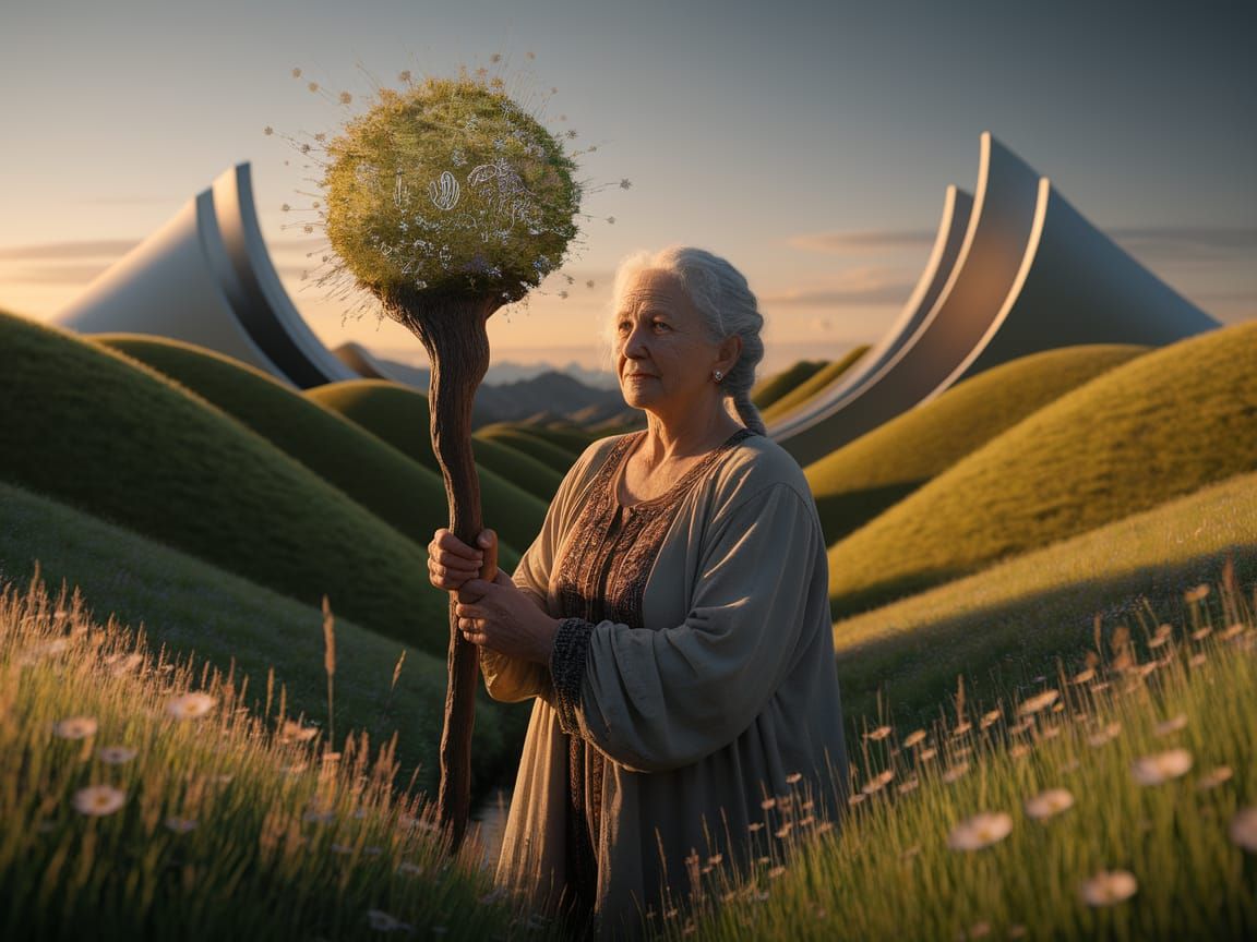 Ukrainian Woman in Meadow with Glowing Staff