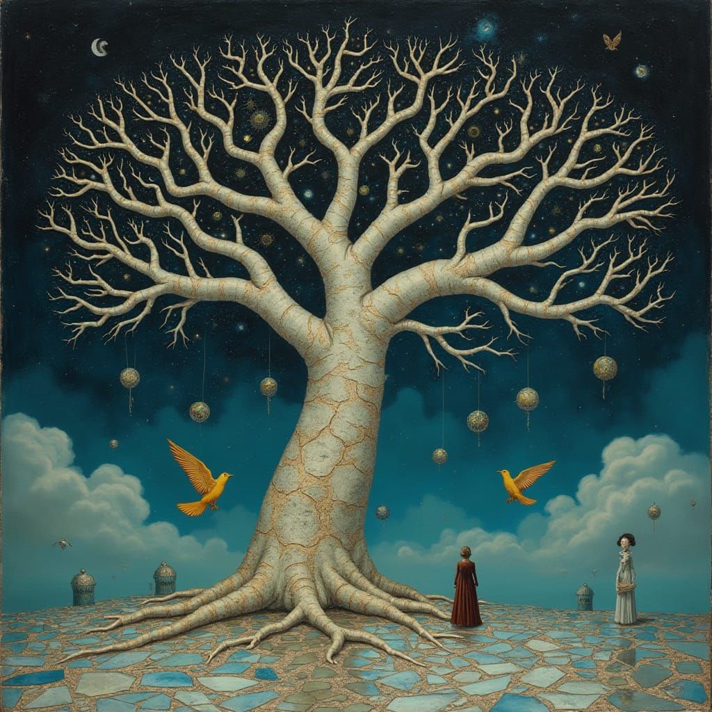 Sentient Porcelain Tree Under Clockwork Constellations