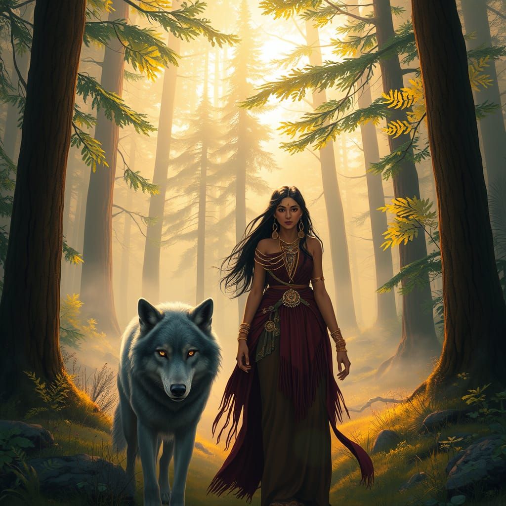 Majestic Indian Woman and Gray Wolf in Enchanted Forest