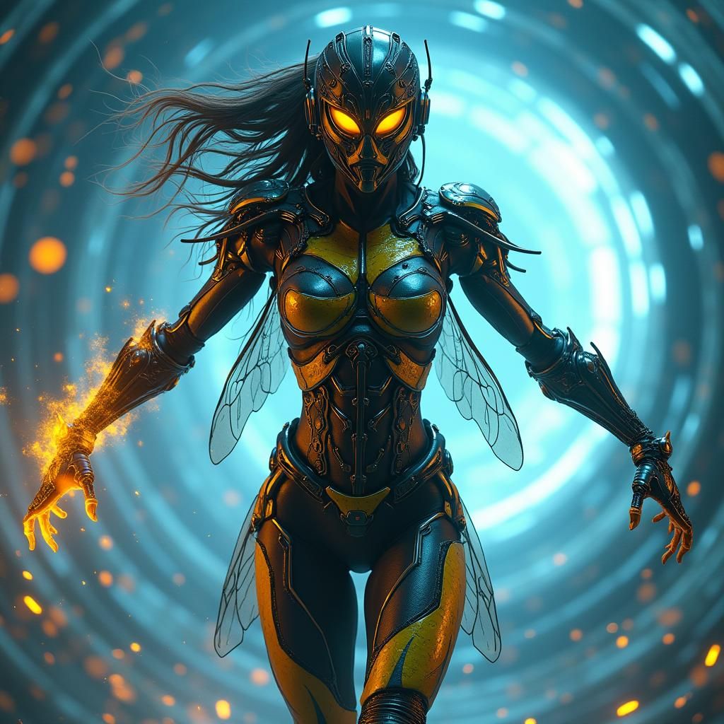 Biomechanical Warrior: Woman Fusion with Insect in Battle