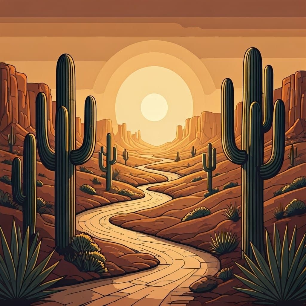 The Minimalist boho image depicts a stylized desert landscape, probably an illustration or painting. Key features includ...