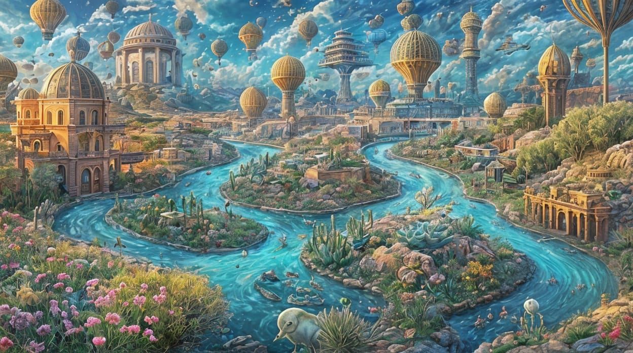 Dieselpunk Oasis with Red Roses, Isometric Digital Art