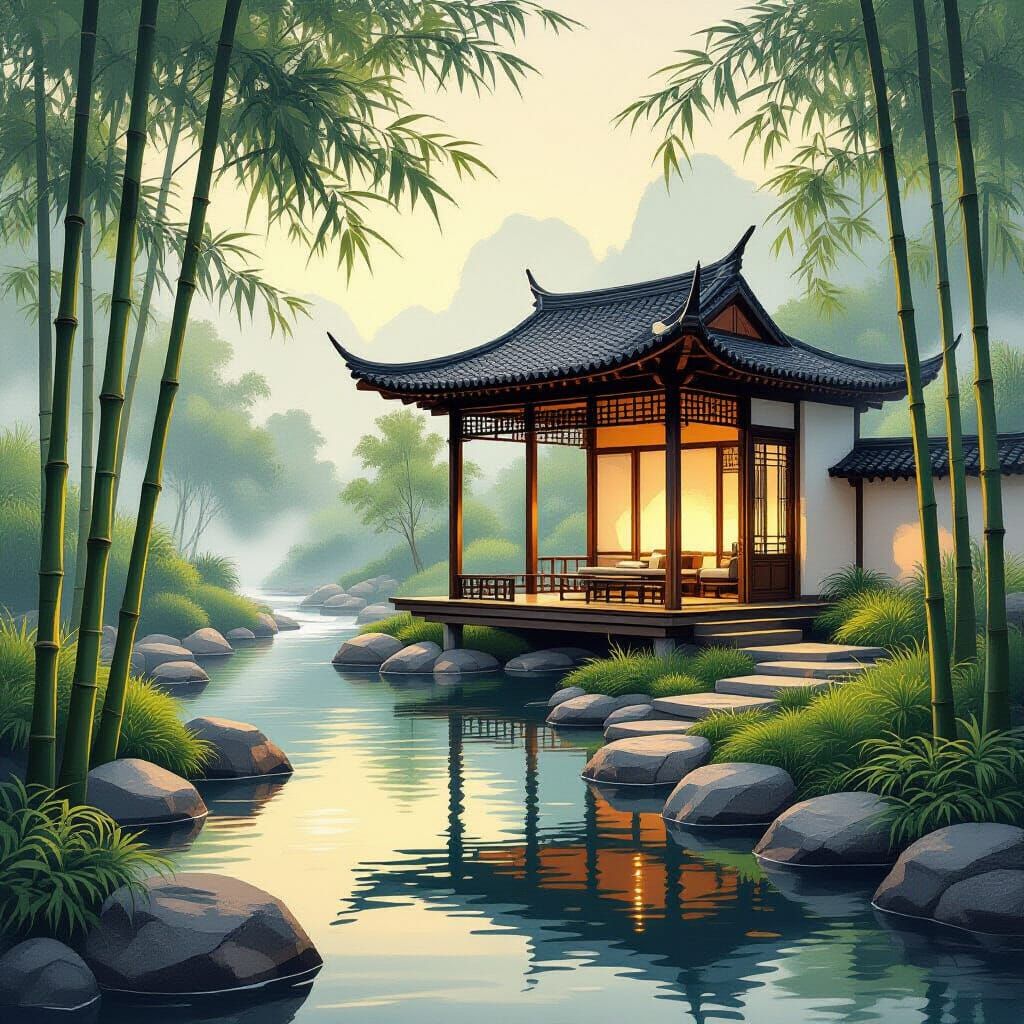 Minimalist Bamboo Meditation Structure in Serene Landscape