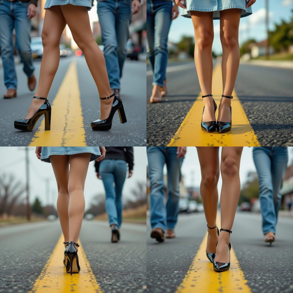 Person in Denim Shorts and Patent Heels on Pavement