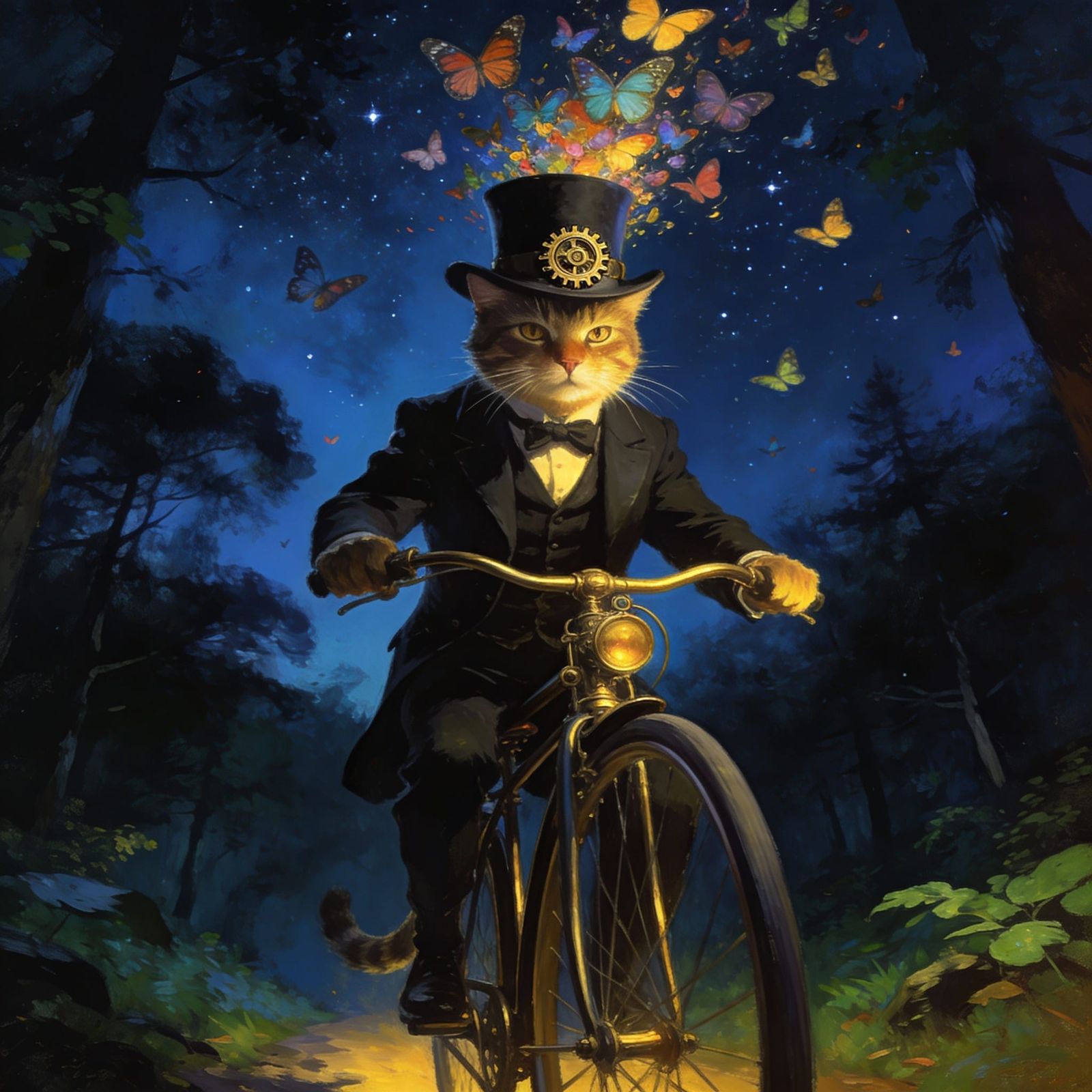 Steampunk Cat Rides Penny Farthing Amidst Butterflies