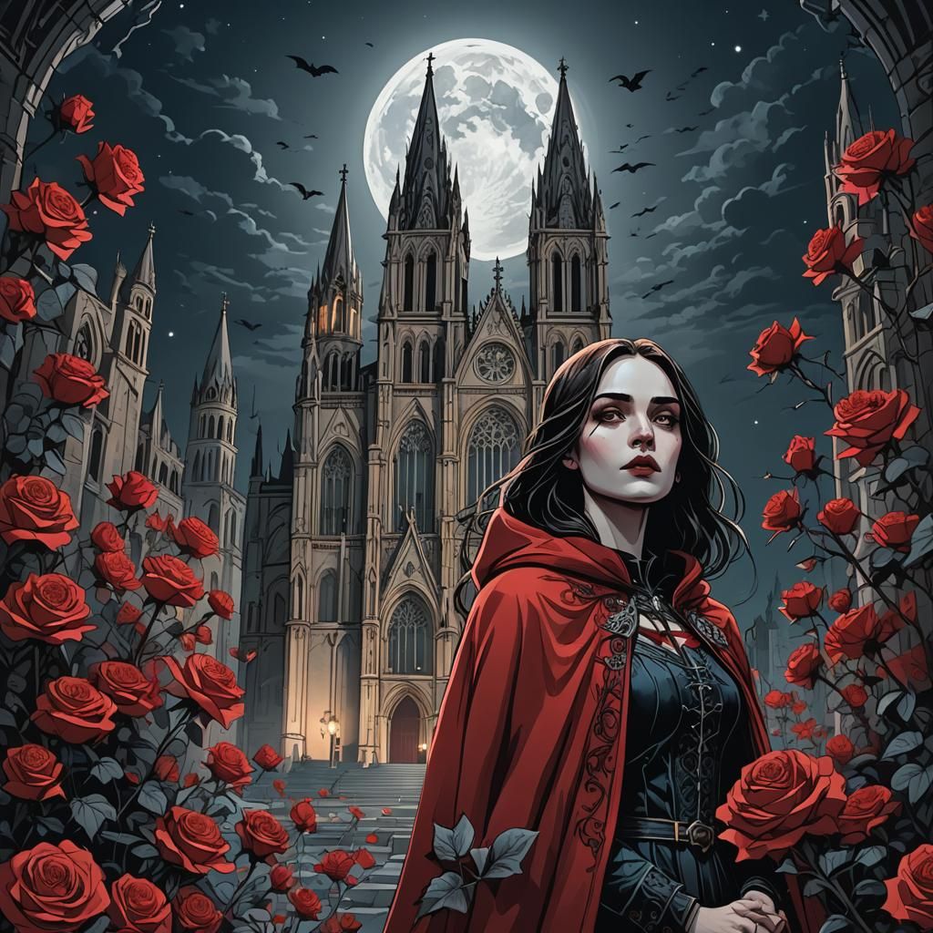 Gothic Art: Girl in Red Cape Under Moonlight