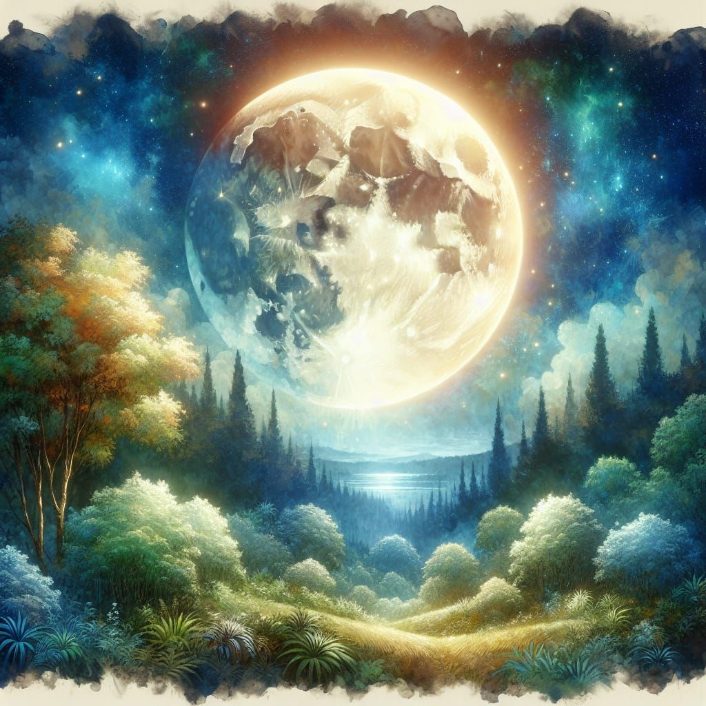 Luminous Moon Over Fairy Tale Jungle Landscape