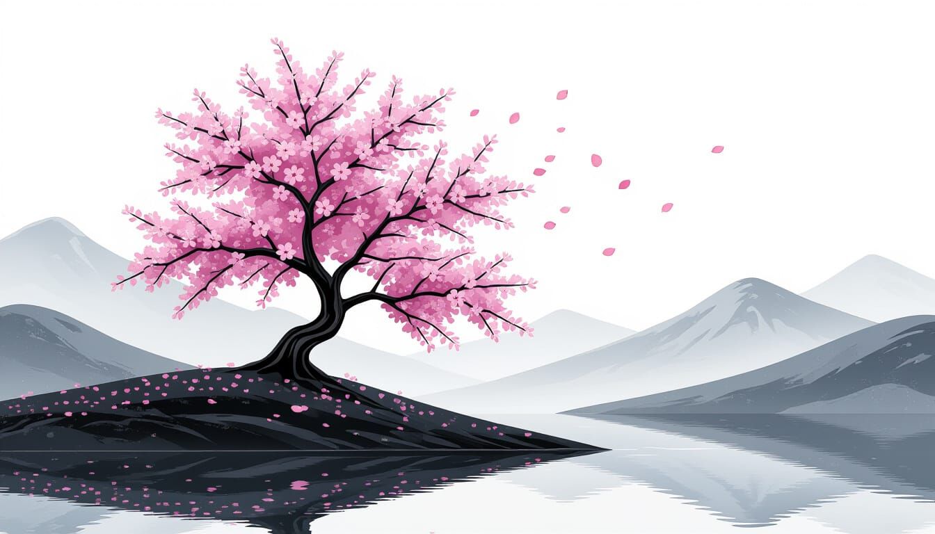 Cherry Tree with Pink Blossoms on Black Hill