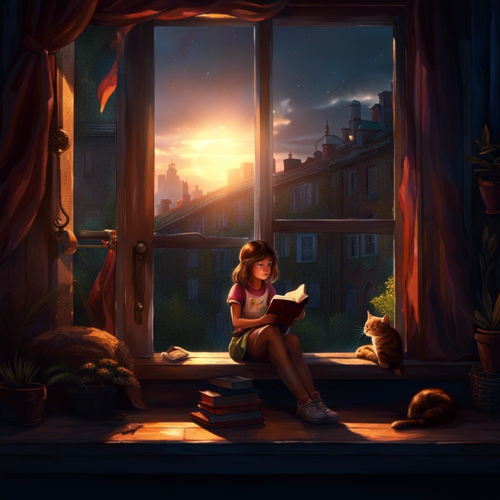 Girl Reading with Cat in Sunlit Window