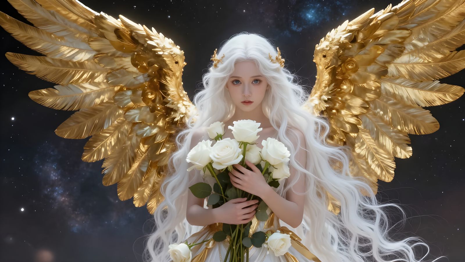 Golden Angel of Victory in Galaxy Sky