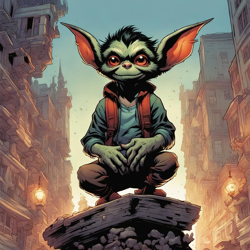Gremlin Rides Boy Shoulders in Comic Book Art