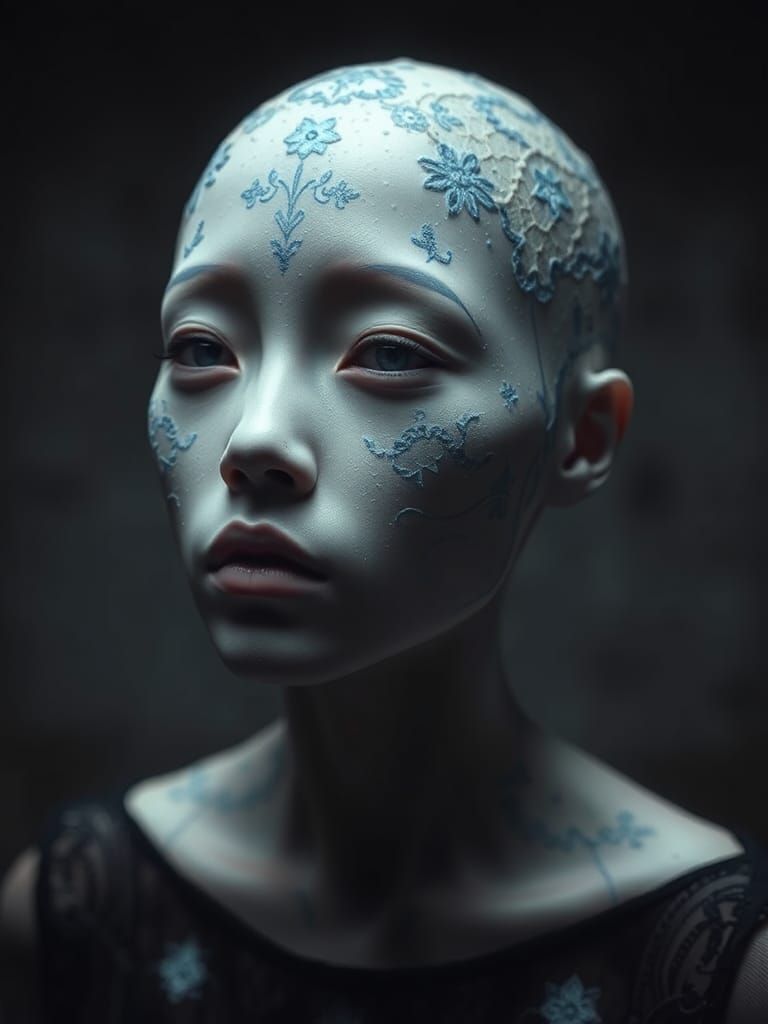 Albino Asian Woman with Lace Textured Skin