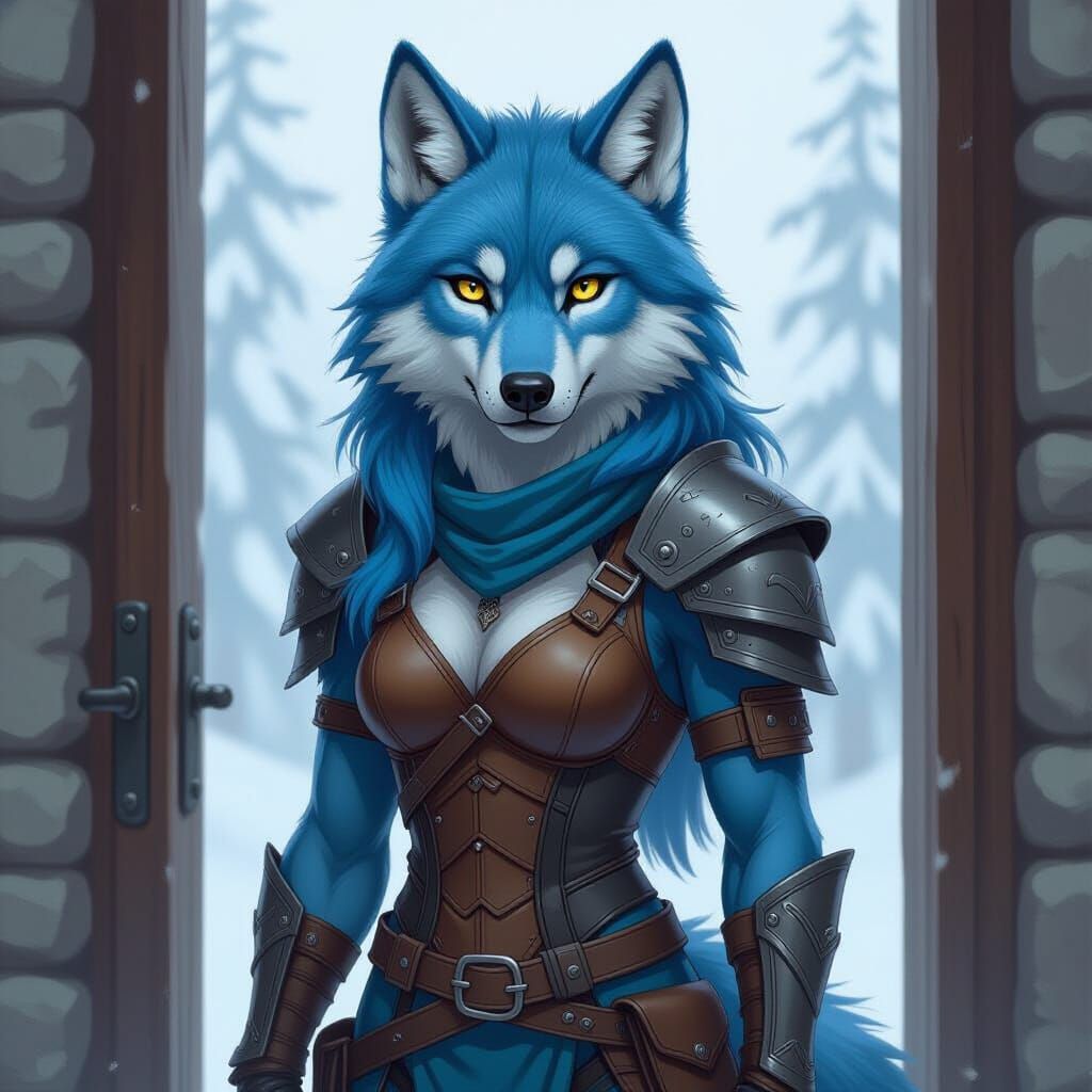 Blue Fur Wolf Warrior in Leather Armor Standing Tall