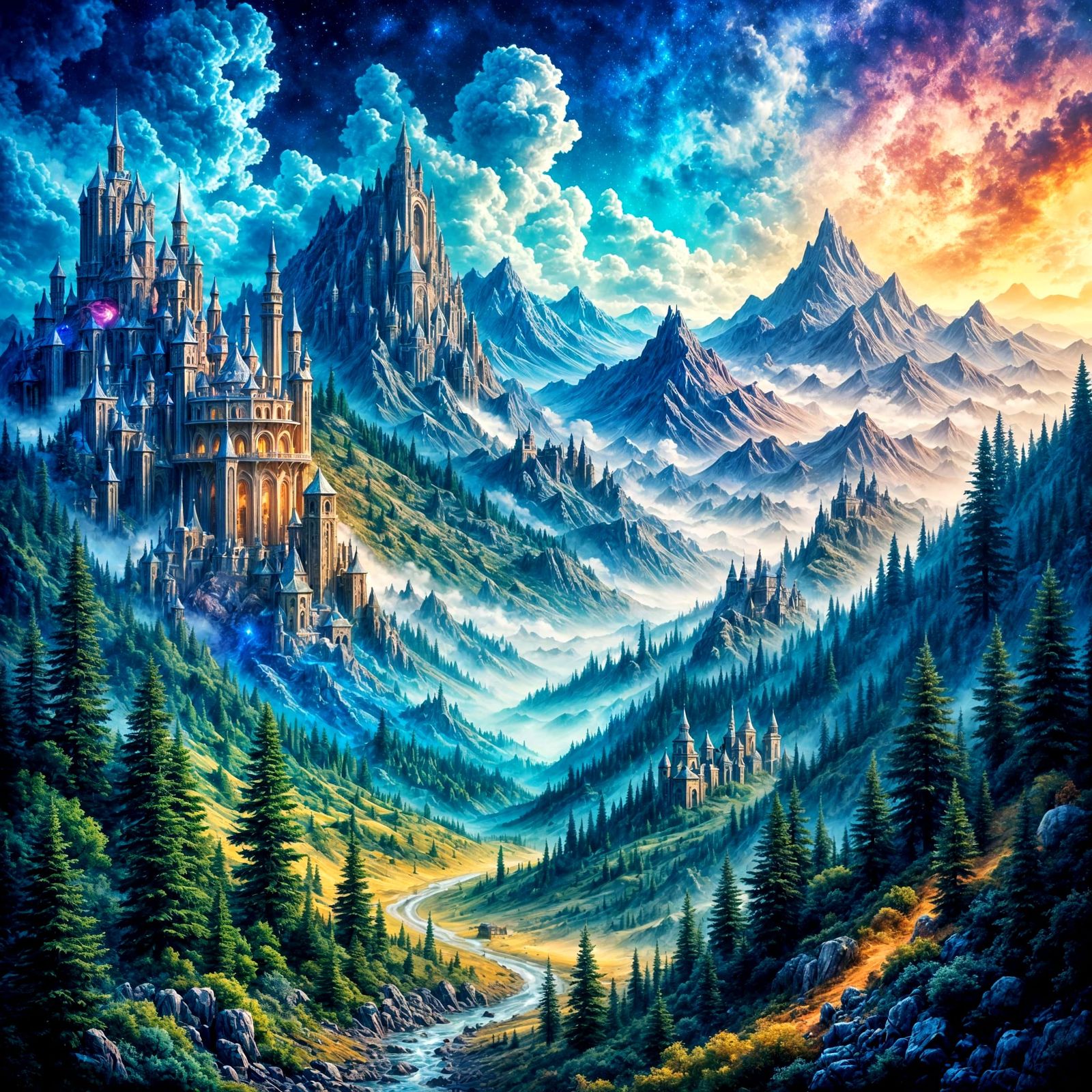 Vibrant Abstract Reality Landscape with Cosmic Skies