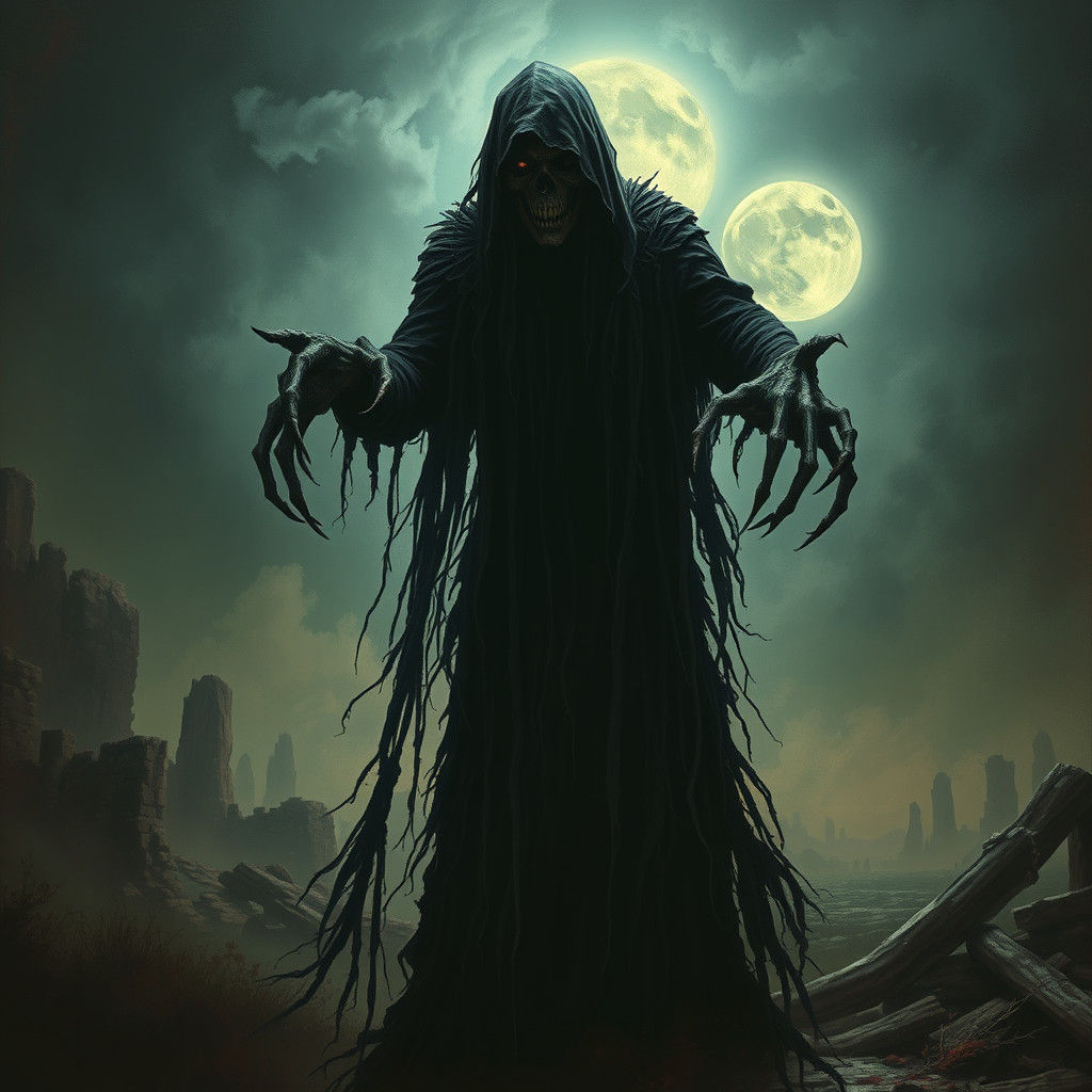 Eerie Ghost in Ruined Landscape, Dark Fantasy Art