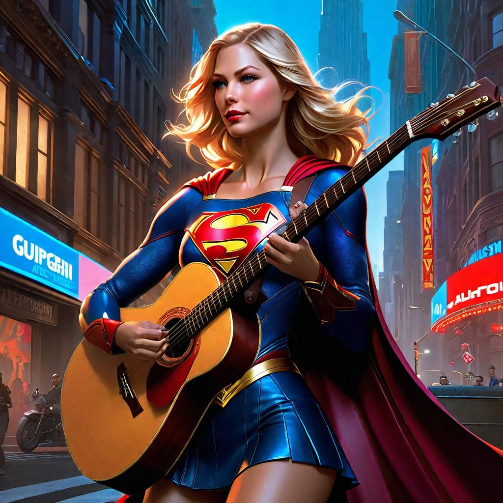 Supergirl Plays Guitar in Metropolis, Detailed Portrait