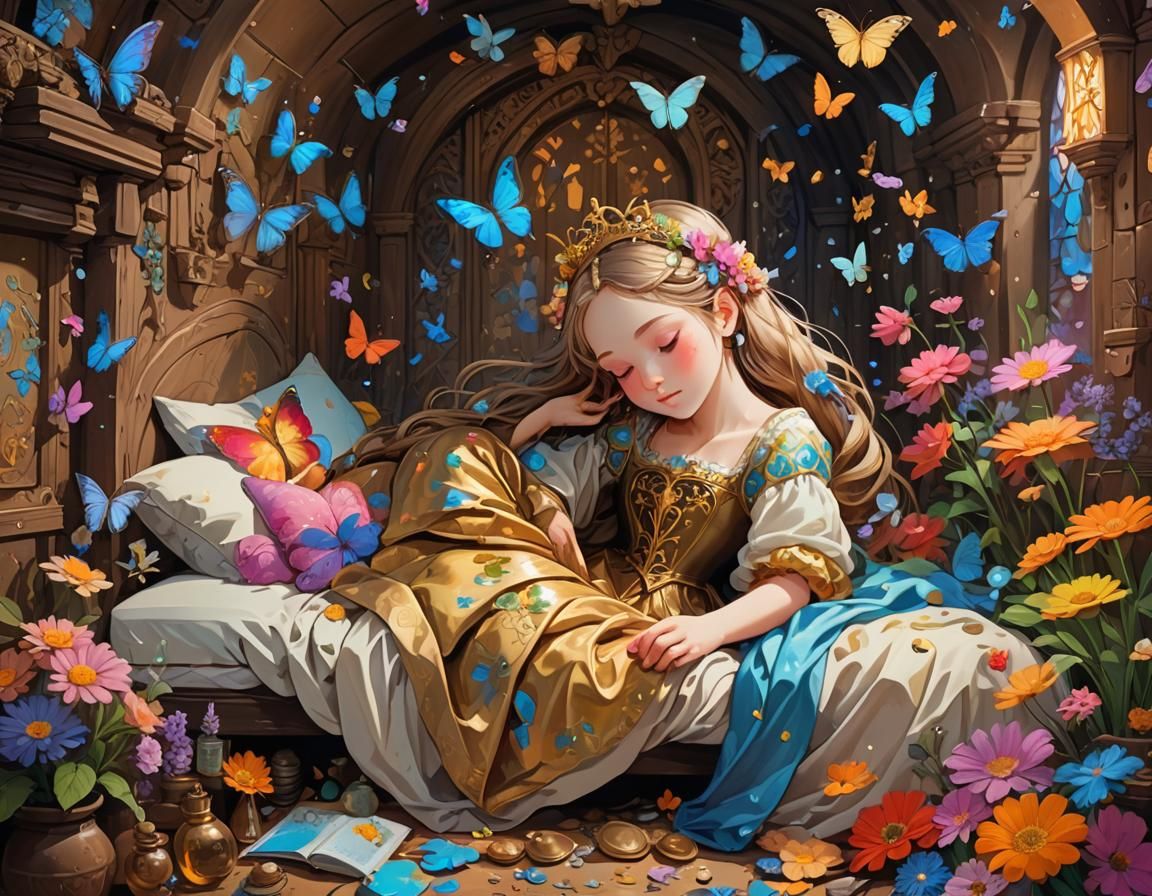 Sleeping Princess in Medieval Lair: Graffiti Art Style