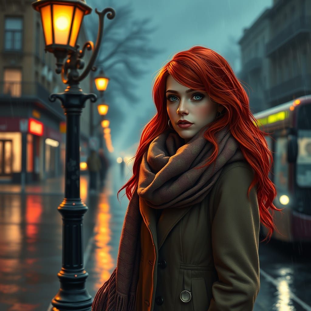 a winter night, rain, cold wind, a beautiful woman dressed i...