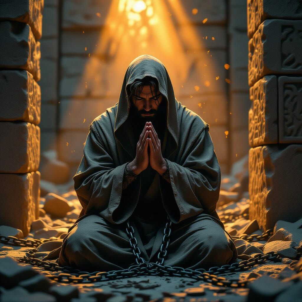 Mystical Praying Man in Shattered Prison