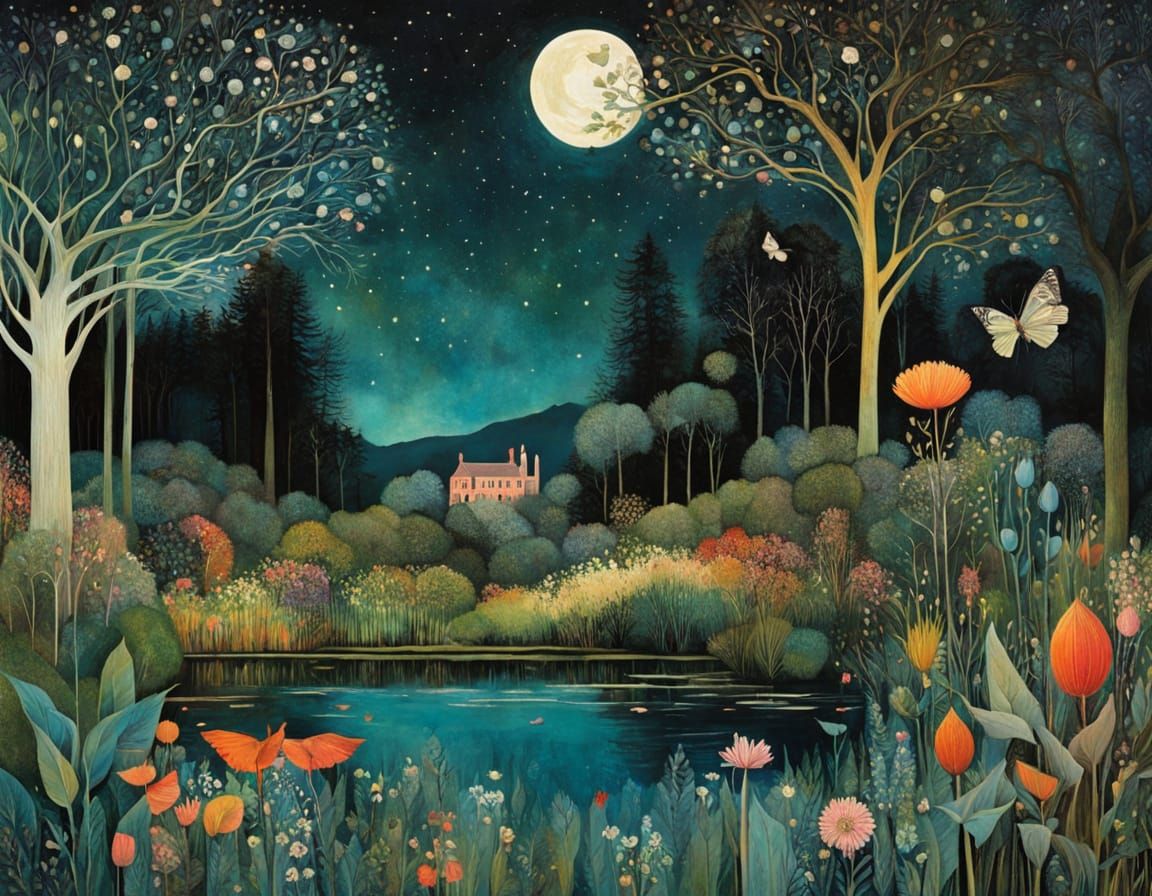 Enchanted Night Garden in Folk Art Style