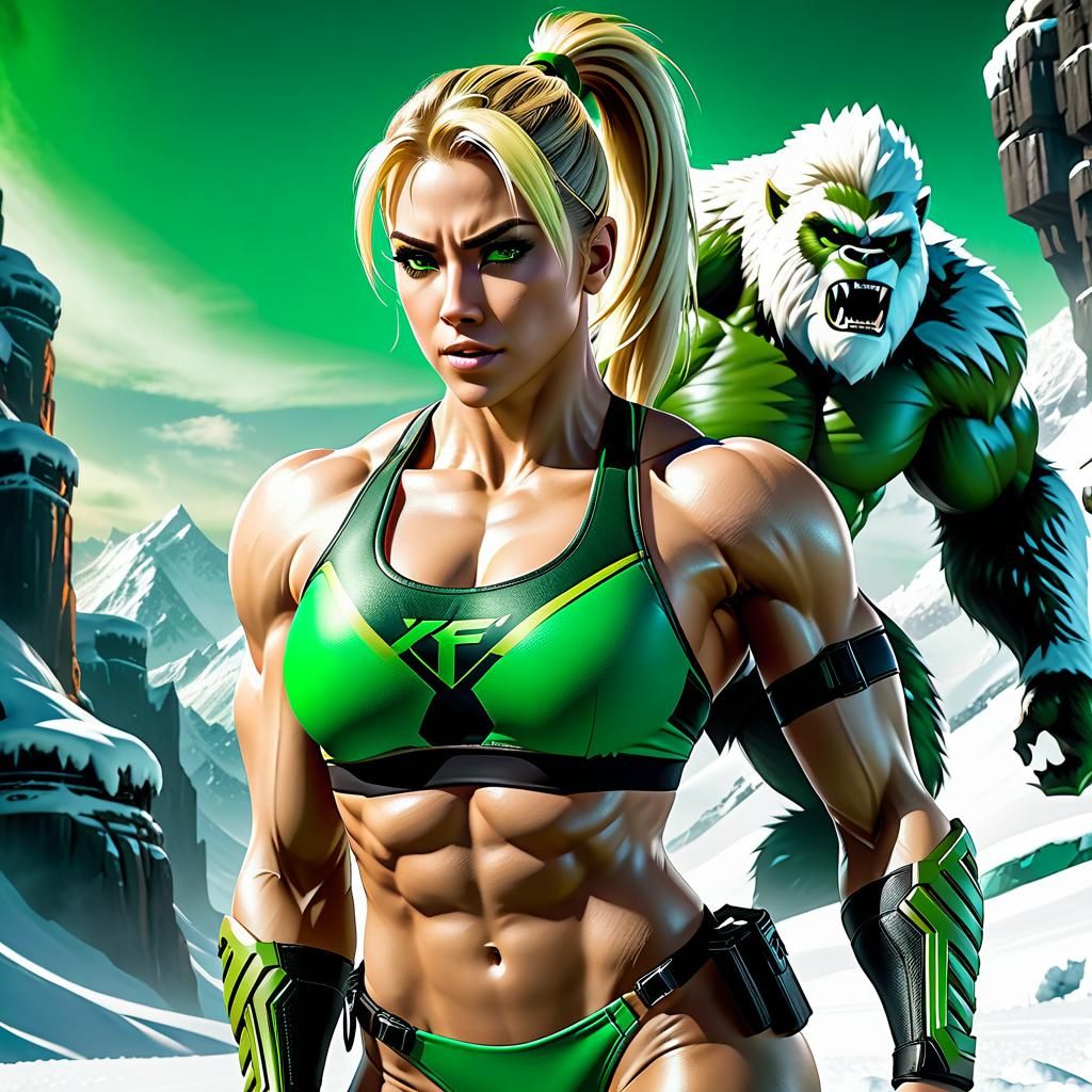 Cassie Cage Flexing for a Yeti: Detailed Digital Painting