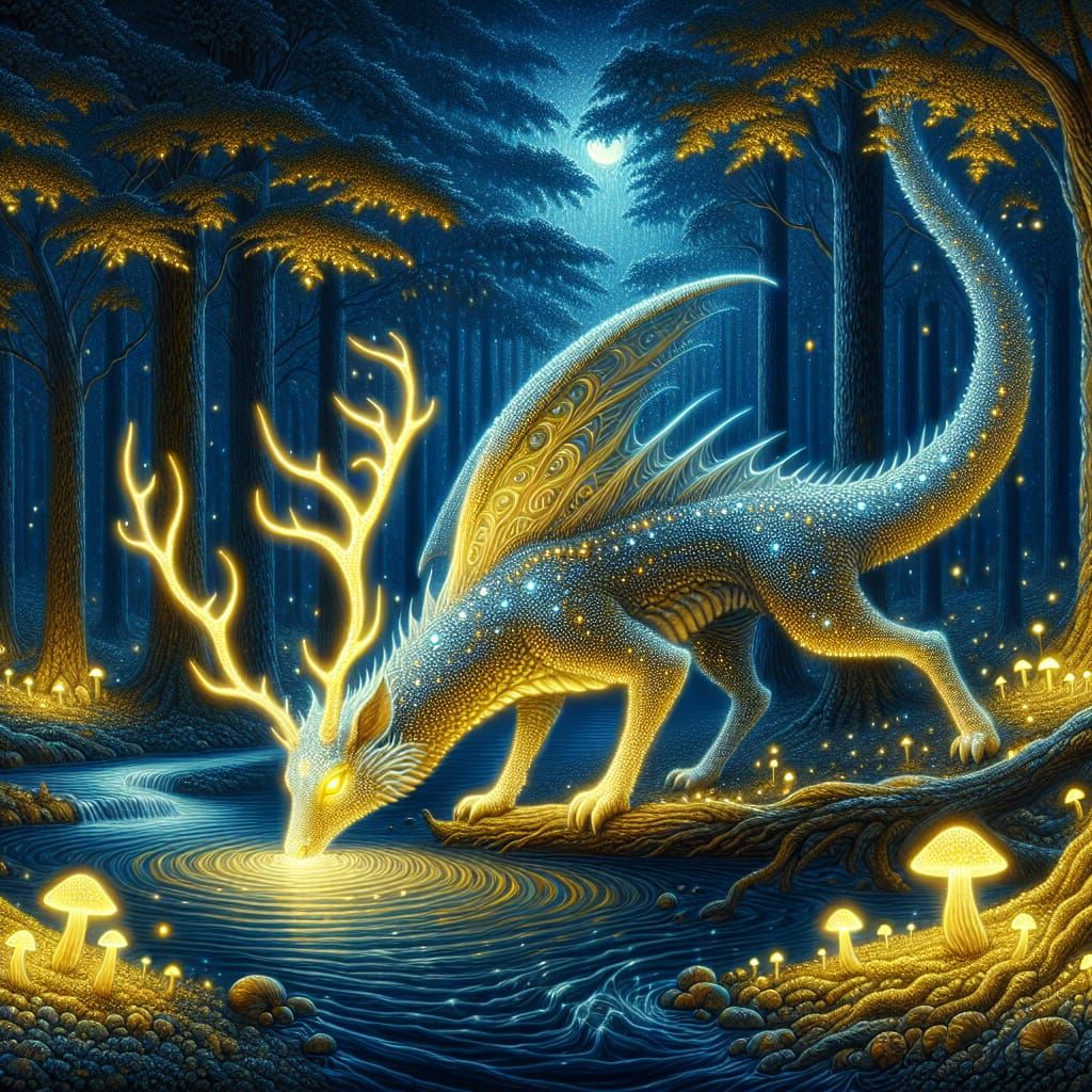 Serene Night Forest Scene with Luminescent Mythical Beast