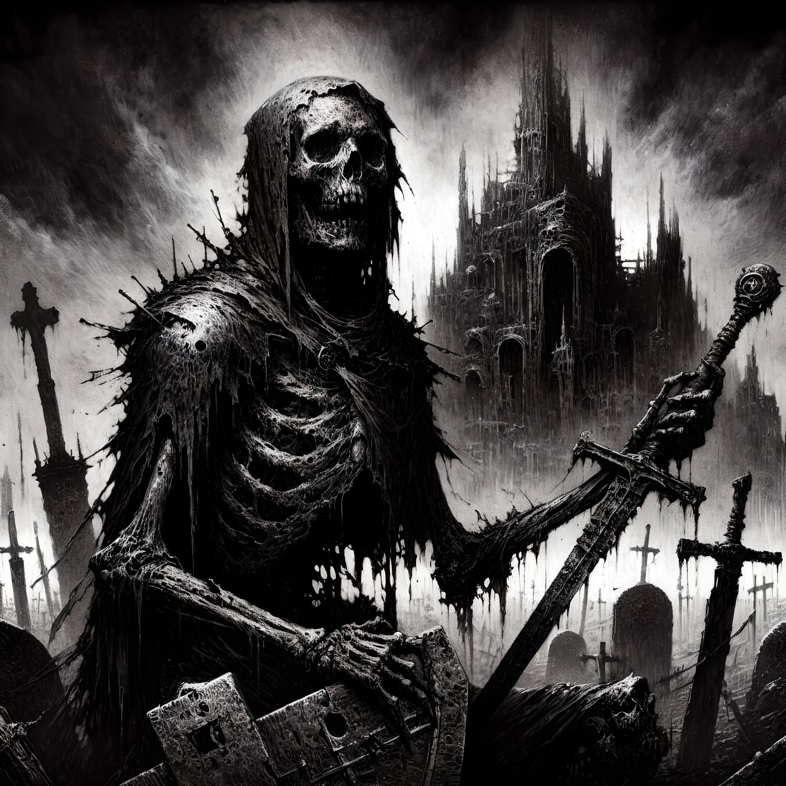 Decaying Skeleton Warrior in Post-Apocalyptic Graveyard