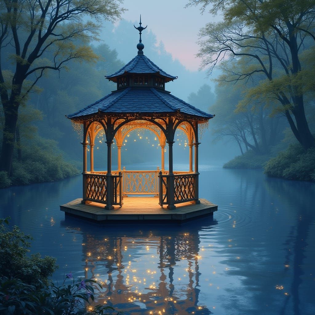 Ethereal Gazebo Floating on a Tranquil Lake