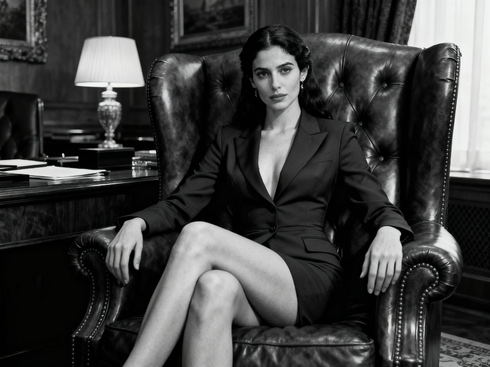 Elegant Woman in Luxurious Office, Hyperrealistic Style