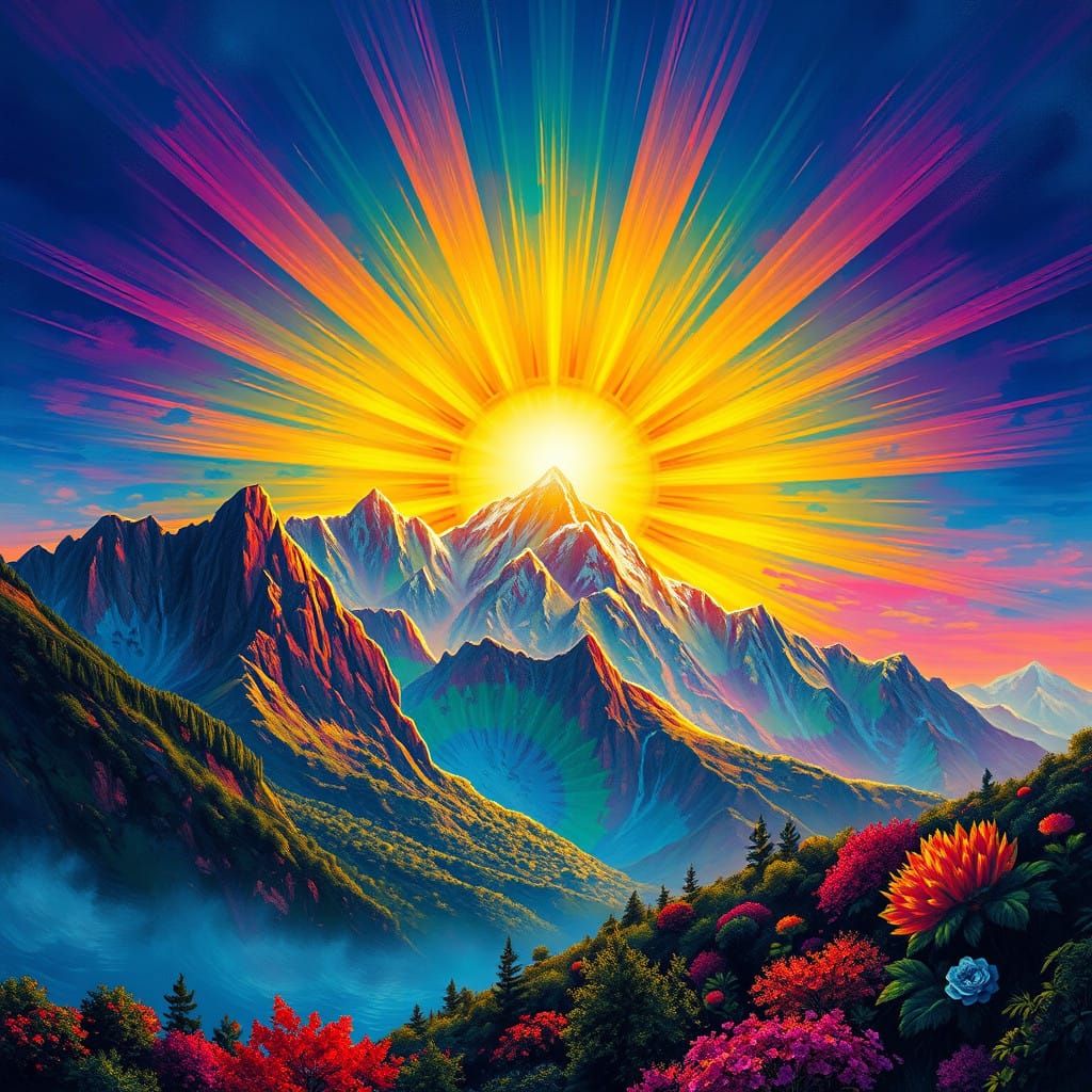 Vibrant Sunlit Mountain Landscape in a Kaleidoscope of Color...