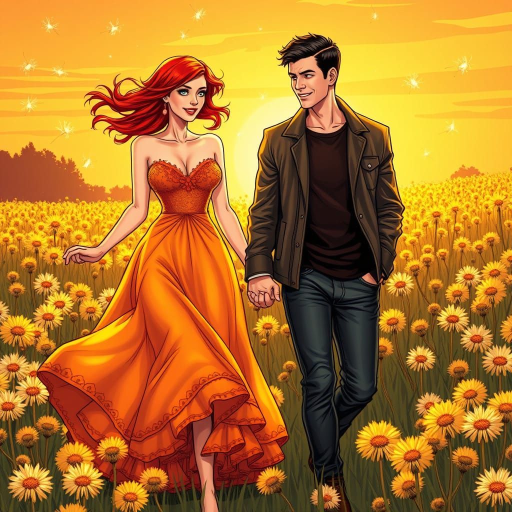 Couple Strolls Through Vibrant Dandelion Field at Sunset