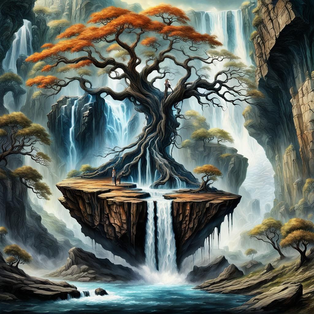 Fantasy Waterfall Scene in Mixed Media Style