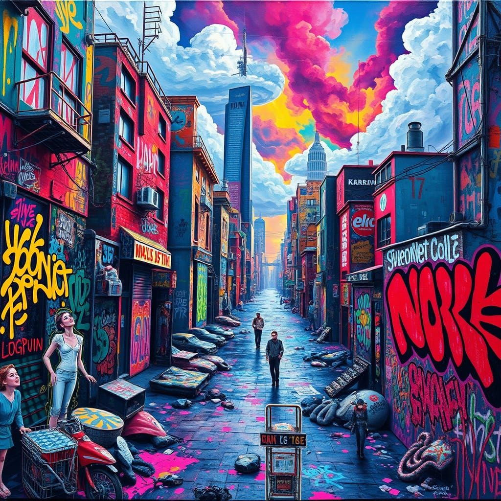 Surreal Melting Cityscape with Dreamlike Figures